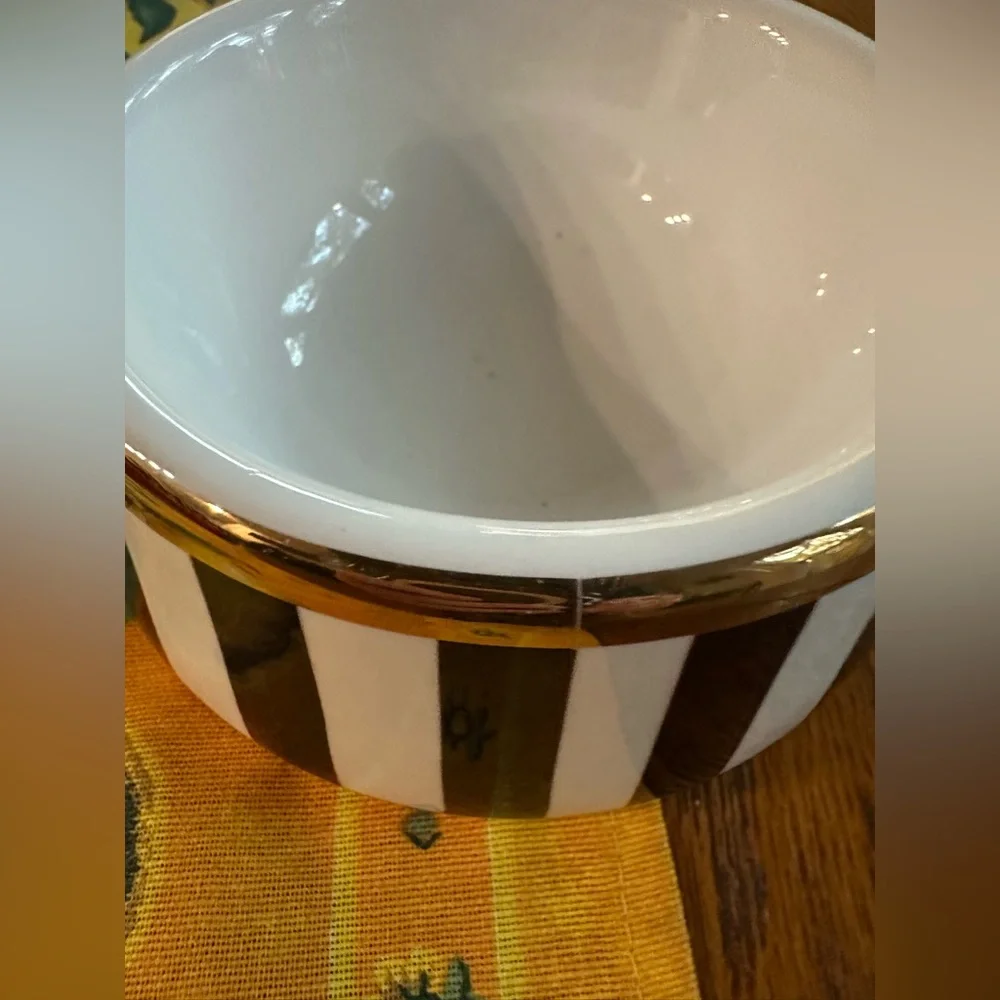 Vintage Henri Bendel Centennial Stripe and Gold Rimmed Pet Bowl Pair in EUC